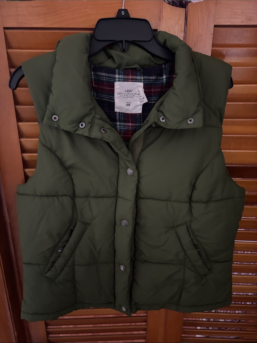 H&M Olive Green Quilted Puffer Vest with Plaid Lining